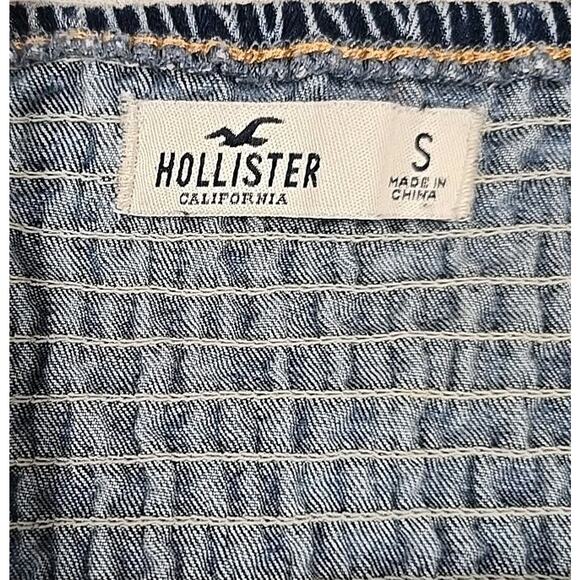 Hollister Womens Stretch Denim Wide-Leg Cropped Jumpsuit Sz S Smocked Pockets - Picture 5 of 11